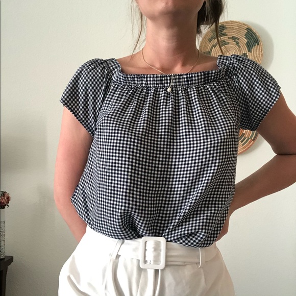 *SOLD* Gingham blue off shoulder cap sleeve top - Picture 9 of 9